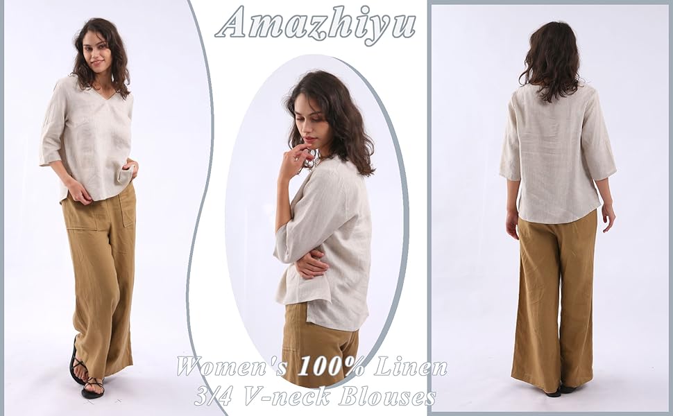 Amazon.com: Amazhiyu Women's 100% Linen 3/4 Sleeve Blouse V