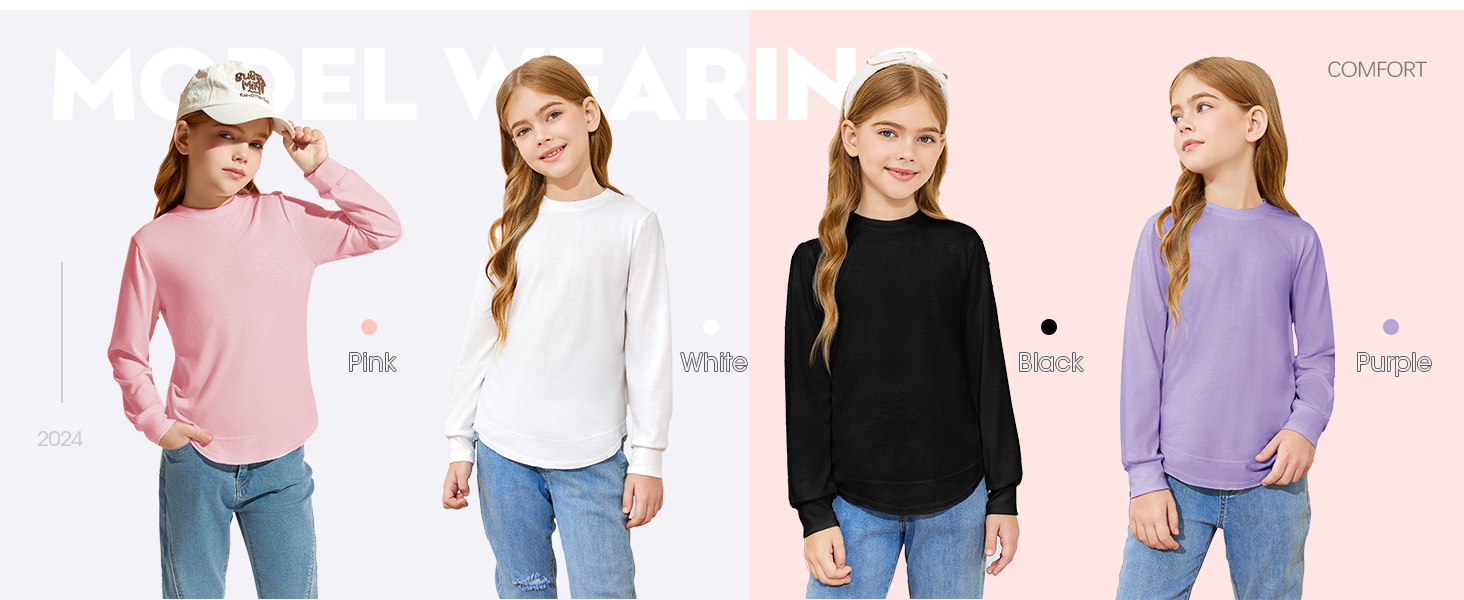 Girls Sweatshirts Round Neck Oversized Long Sleeve Solid Color T-shirts Fall Fashion Pullover Tops