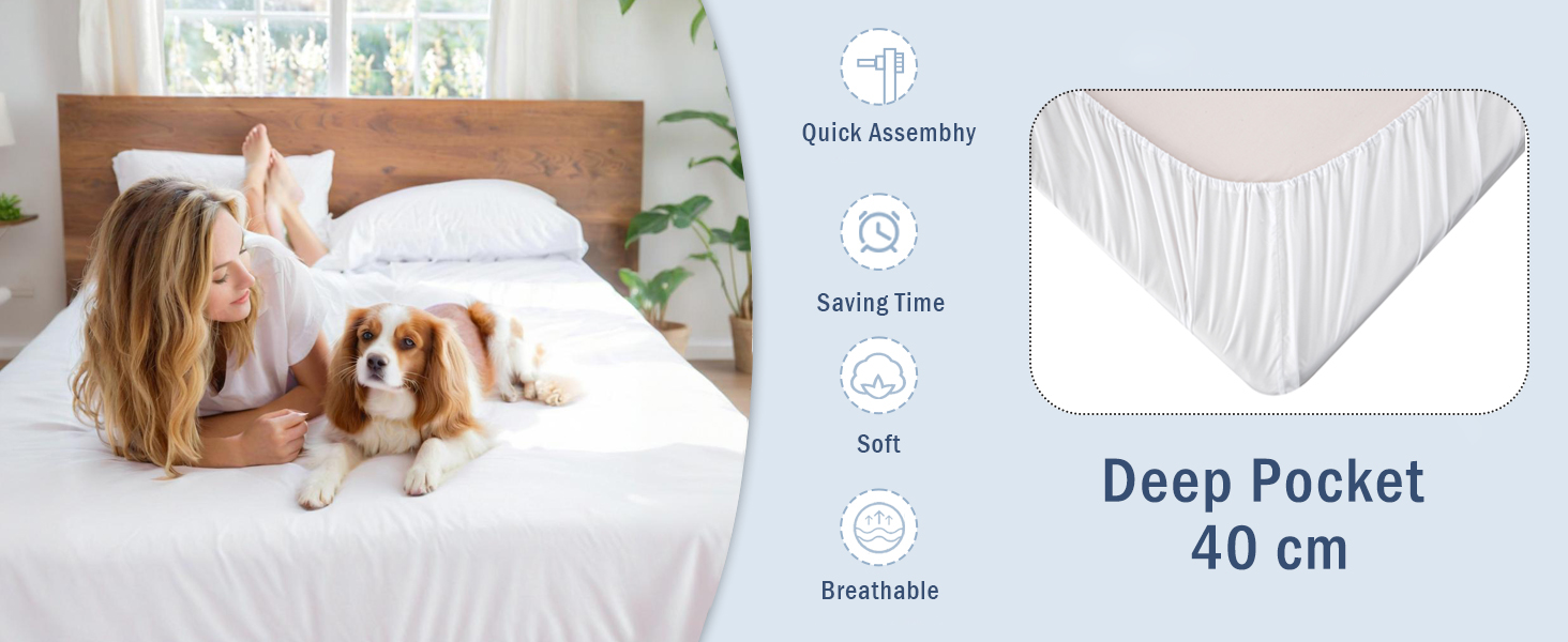 Product diagram showing white bedding with deep 40cm pocket specification, displayed alongside lifestyle bedroom setting.