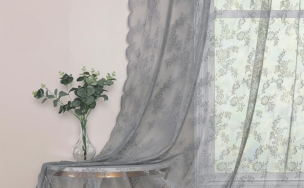 Lace Curtains 63 inch Length for KidsRoom Floral Knitted