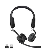 Kabelloses Headset mit Mikrofonarm, Overhead-Design und gepolsterten Ohrmuscheln. Inklusive USB-Dongle für Konnektivität. Mattschwarze Oberfläche mit verstellbarem Kopfband
