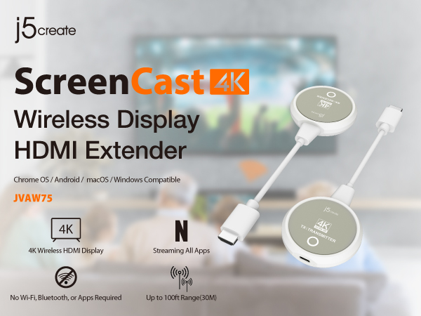 j5 create ScreenCast JVAW75 [ホワイト] JVAW75 ScreenCast 4KワイヤレスHDMI送受信機 – new-jp-j5create