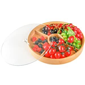 Bamboo Nuts Storage Platter Tray, Food Serving Tray with 5 Dining Grids