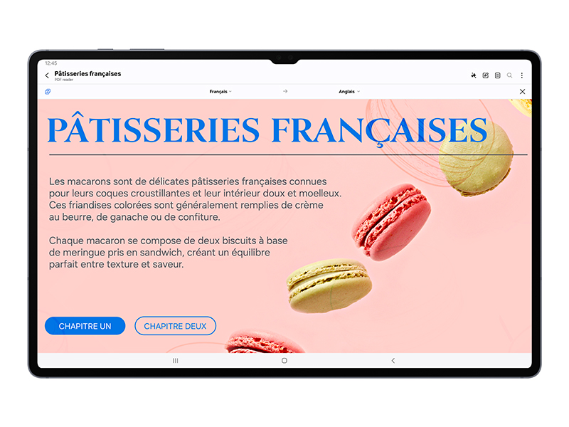Le texte se lit comme suit : « PÂTISSERIES FRANÇAISES ». Capture d'écran de ce qui semble être un site Web ou une interface numérique avec une palette de couleurs rose et bleu.