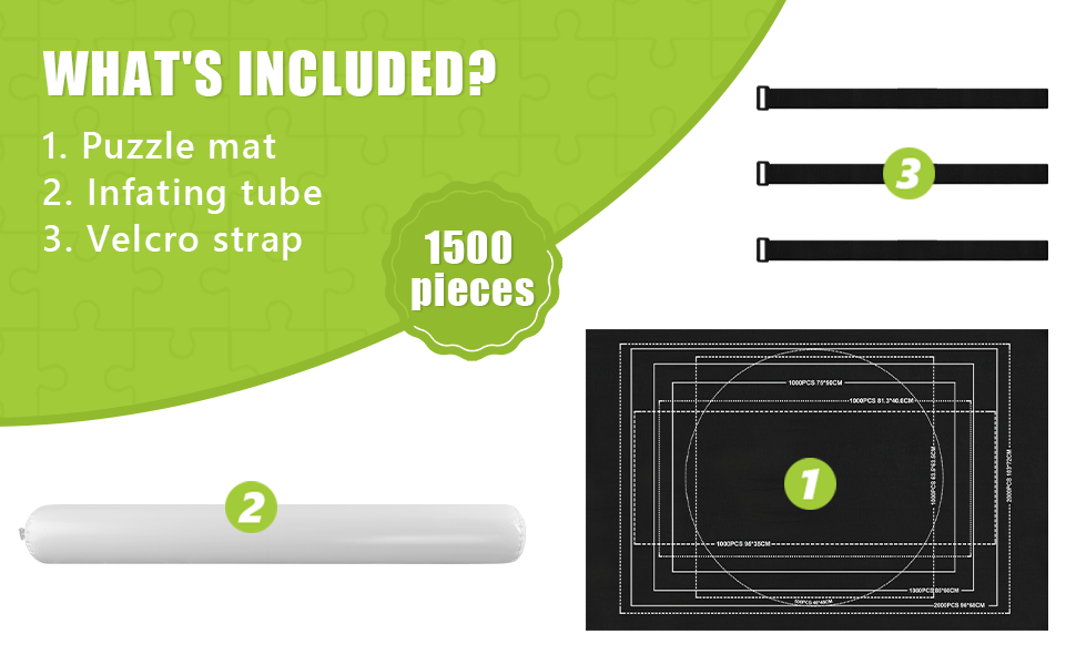 Puzzle accessory kit featuring a puzzle mat, inflating tube, and velcro strap. Includes 1500 pieces. Product details shown on green banner.