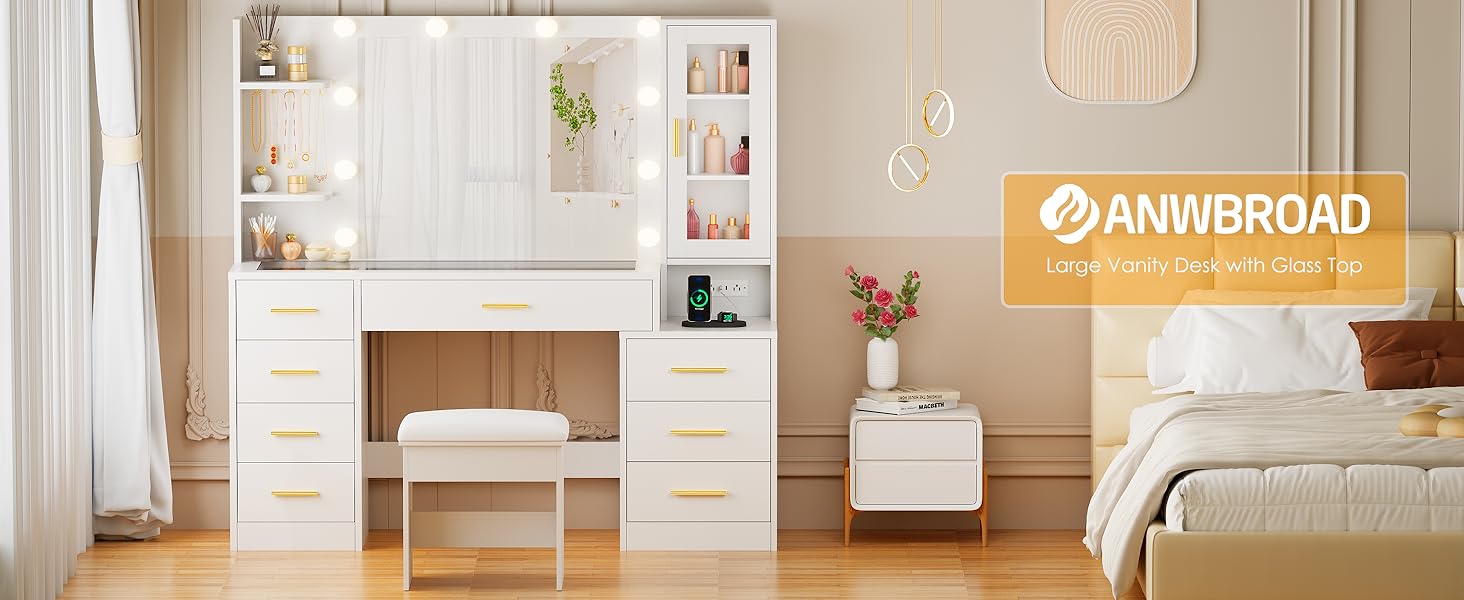 White Makeup Vanity Set with Glass Top & Power Outlet & 7 Drawers