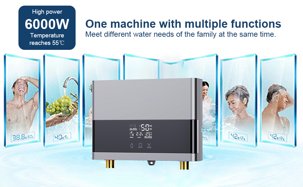 de 6000 W con múltiples pantallas que muestran diversos escenarios de uso del agua en el hogar. Tiene un control de temperatura que alcanza