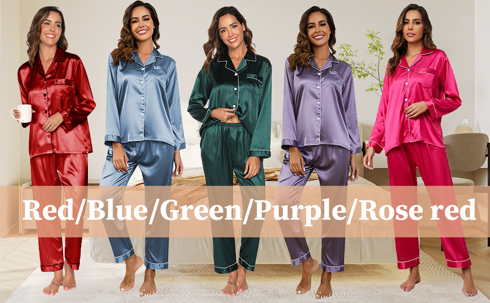 Women Silk Satin Pyjama, Women's Pyjama Sets, Loungewear Set, 2 Piece Loungewear, Button Down Ladies Pyjamas Long Sleeve Top and Pants Sleepwear for Ladies All Seasons 20 Women Silk Satin Pyjama