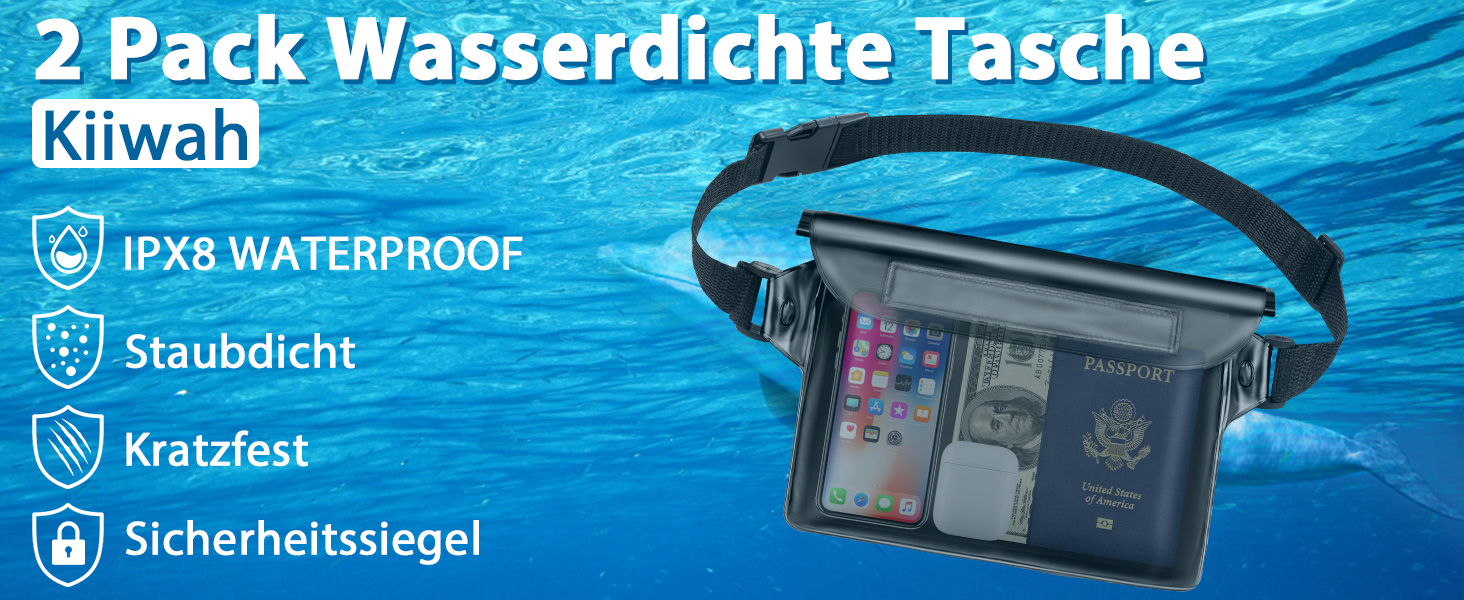 Kiiwah 2 Stück wasserdichte Tasche Beutel mit Verstellbarem Gurt, Bauchtasche Unterwasser