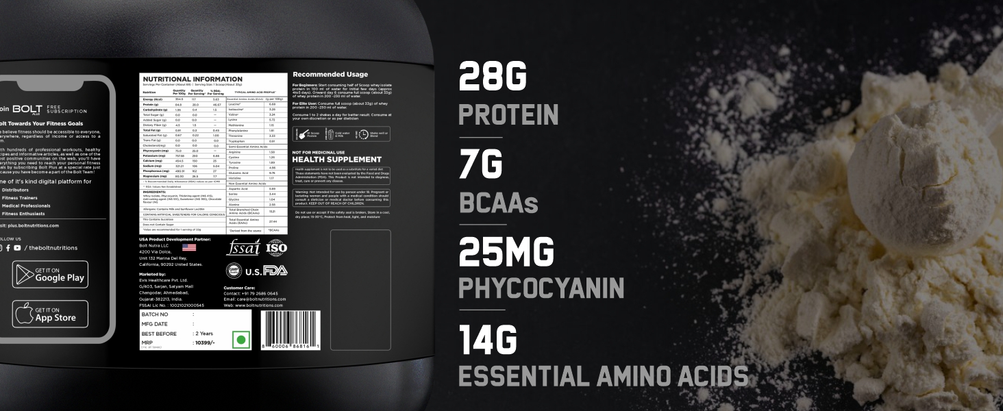 BOLT 100 Whey Isolate Protein PowderWith Superfood PHYCOCYANINUSA