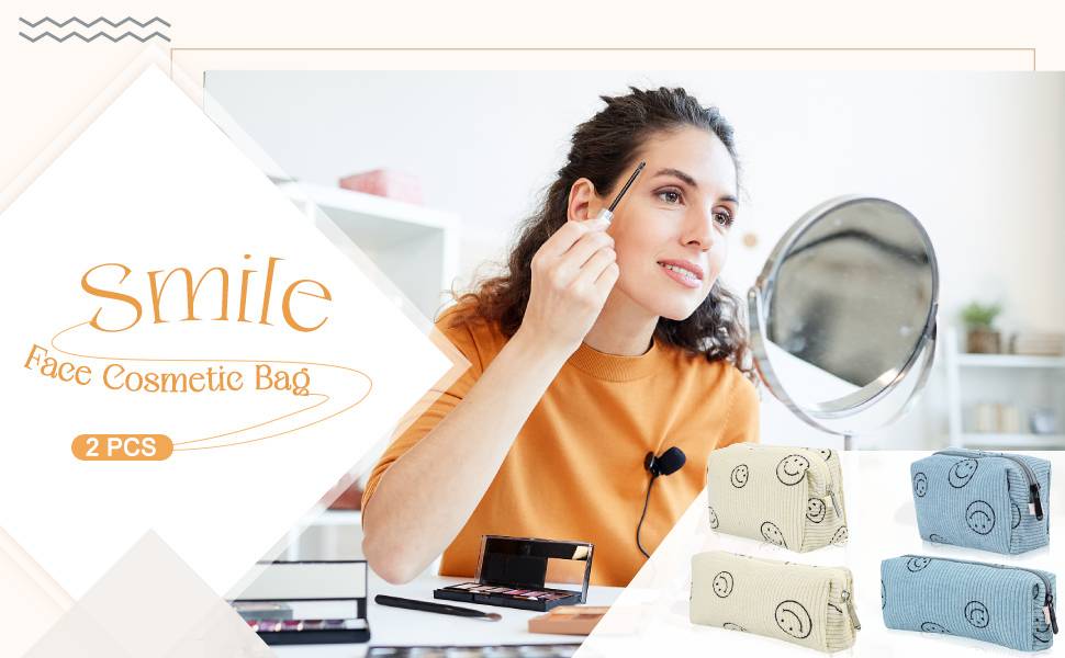 TBOLINE 3Pcs Smiley Face Makeup Bag, Cute Corduroy Cosmetic