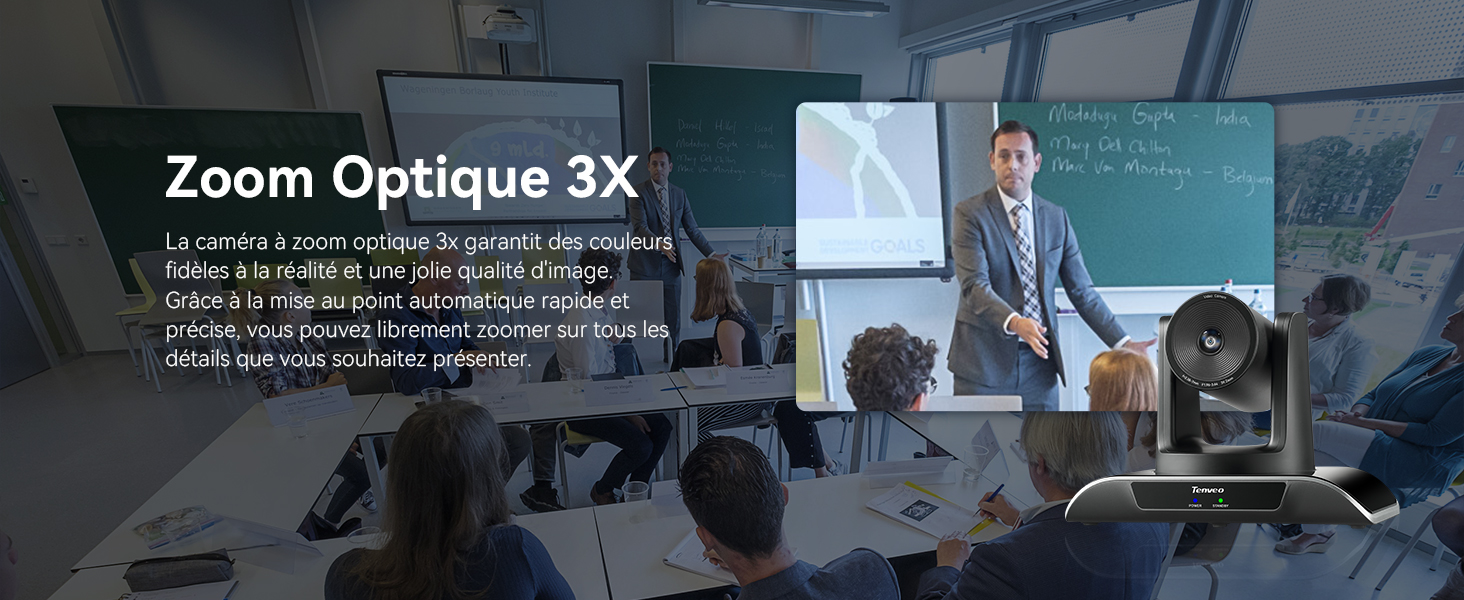 Présentation sur « Zoom Optique 3X » montrant un homme faisant un geste en direction d'un grand écran dans le cadre d'une salle de conférence