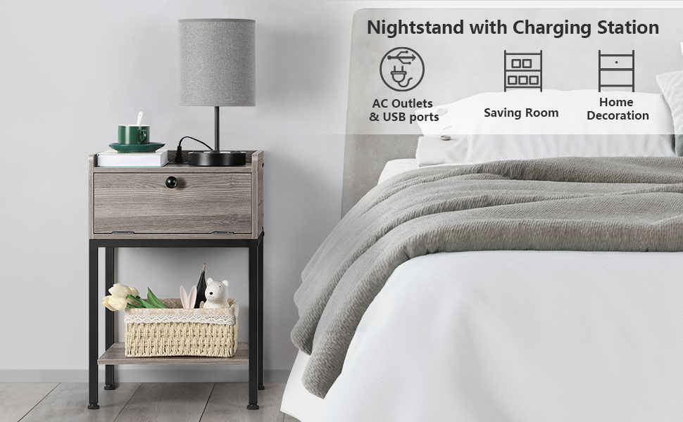 Side Table with Charging Station Small Bedside End Table with Storage