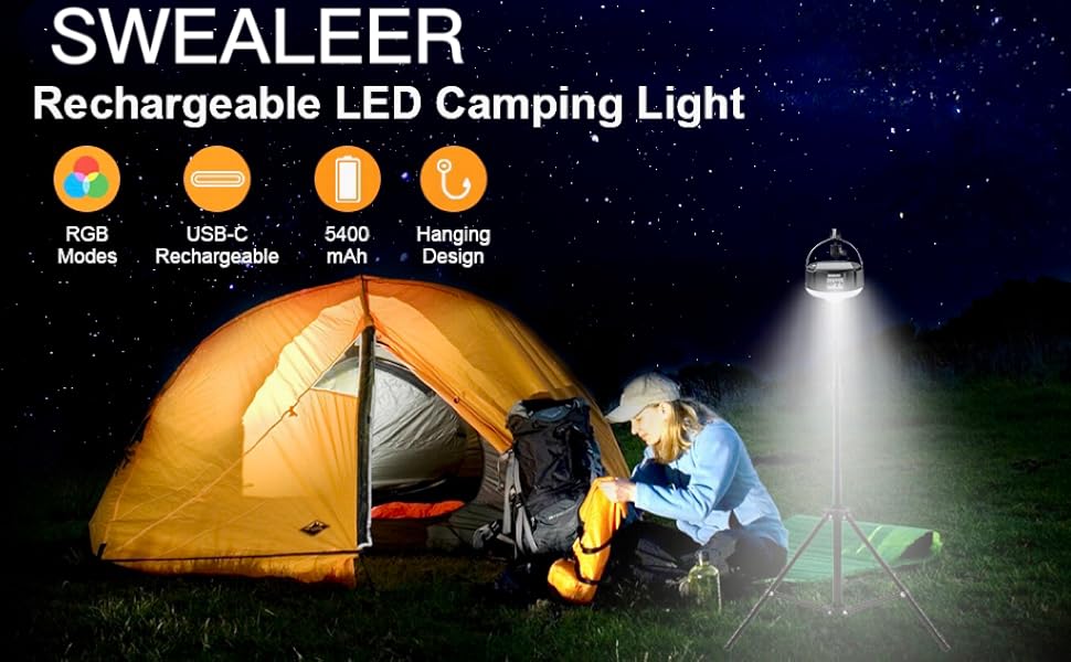 Camping Lantern, Portable RGB Disco Light, Remote Control Tent Light