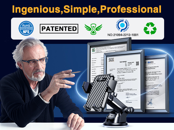 Dashboard-mounted phone holder with adjustable arm, displayed alongside digital documents. Device features a patented design and recycling symbol, emphasizing professional and eco-friendly attributes.