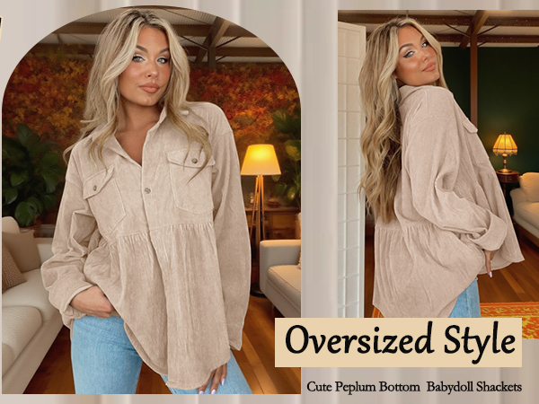 JINZHAO Womens Corduroy Peplum Shirts Tops Cute Long Sleeve