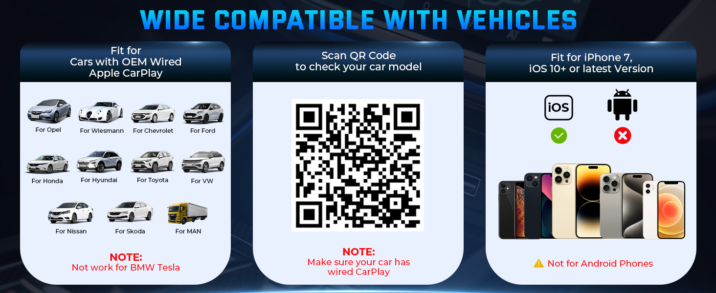 Text reads 'WIDE COMPATIBLE WITH VEHICLES'. Product compatibility chart showing various vehicle icons, QR code, and mobile device symbols.
