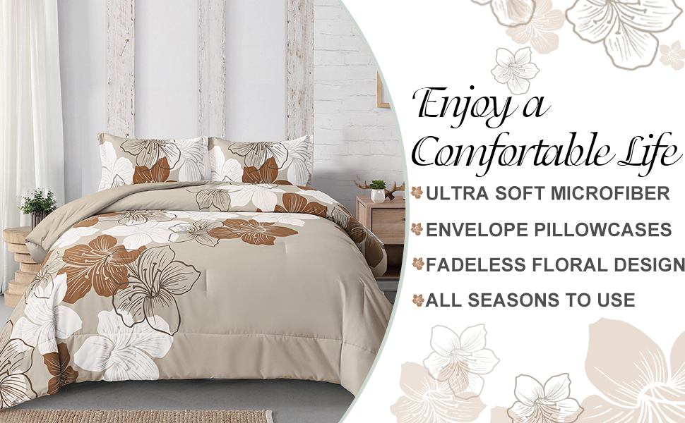Menghomeus Taupe Comforter Set Queen Brown Floral