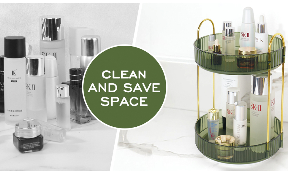 Circular two-tier organizer for cosmetics. Green glass shelves with gold frame, displaying various skincare bottles and containers. Text reads 'CLEAN AND SAVE SPACE'.