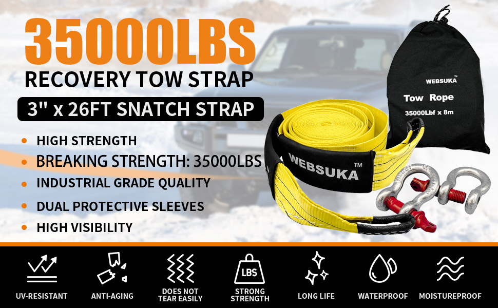Heavy Duty Tow Straps Recovery Kit 3" x 26ft, 35000 lbs