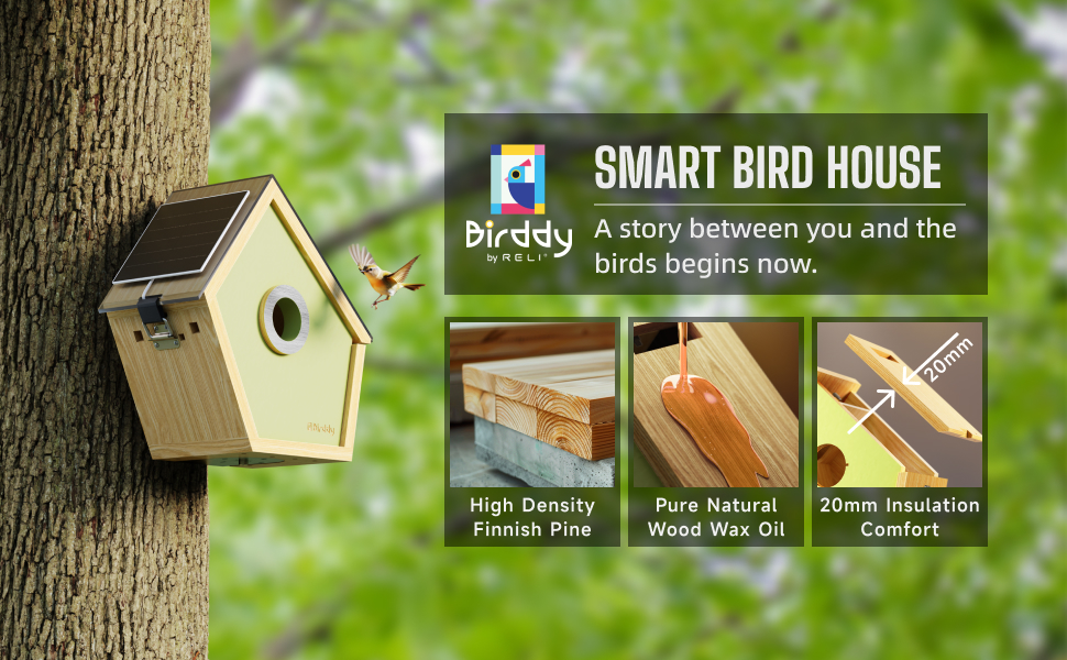 RELI Birddy Smart Birdhouse with Camera, Solar Powered Cam Bird Nest