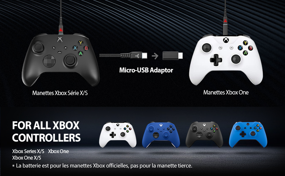 Batterie pour Xbox One/Xbox Series X S avec 3M Câble Charge USB C et Adaptateur Micro