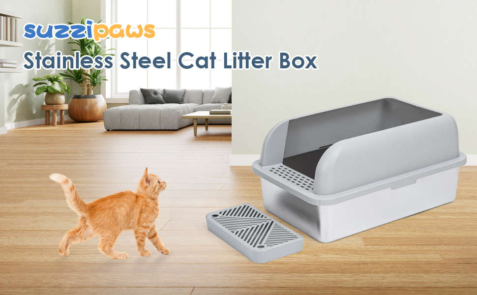 Suzzipaws Enclosed Stainless Steel Cat Litter Box with Lid XL Metal Litter Pan Tray