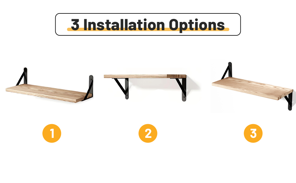 Three installation options for wall shelf mounting, showing different bracket configurations numbered 1 through 3.