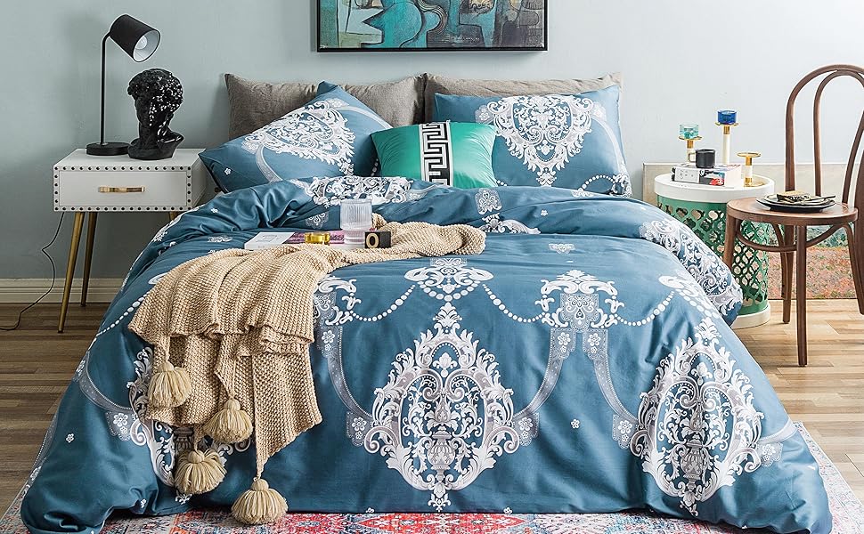 blue damask medallion print duvet cover set