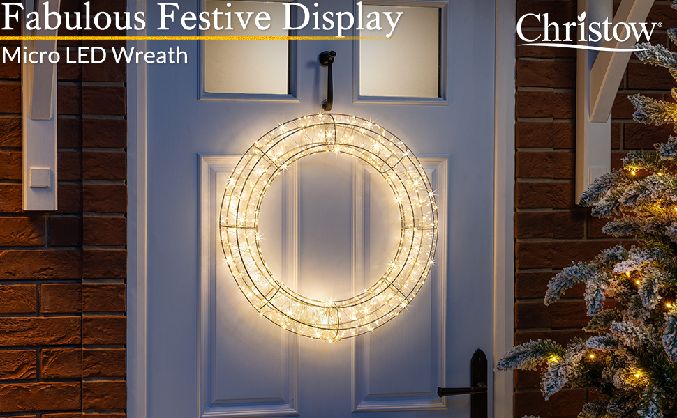 Christow Light Up Christmas Wreath 50cm, Metal Hanging Door Wall