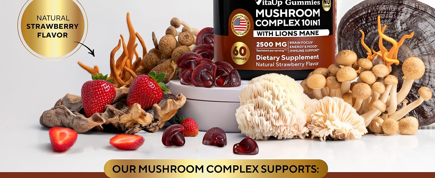 black jar of mushroom supplement with lions mane cordyceps reishi turkey tail strawberry flavor