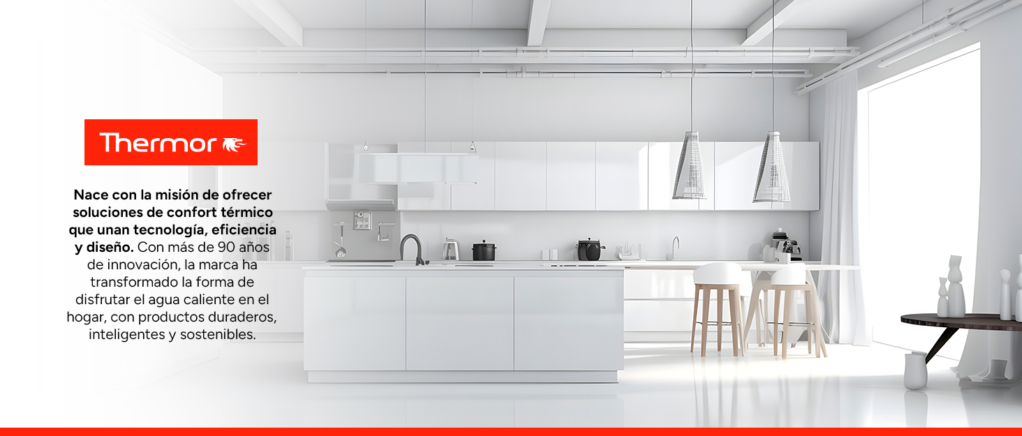 El texto dice «Thermotec». Interior de cocina moderno y minimalista con gabinetes y encimeras blancas, con elegantes electrodomésticos y taburetes de bar.