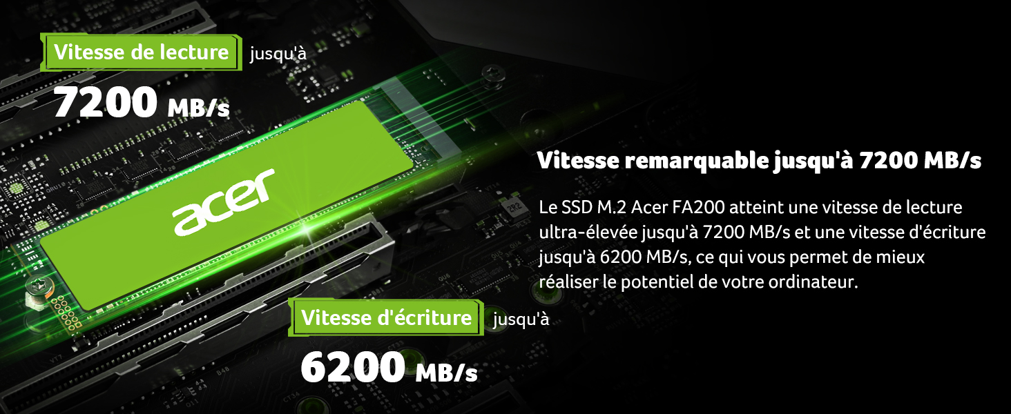 offrant des vitesses de lecture allant jusqu'à 7 200 Mo/s et des vitesses d'écriture allant jusqu'à 6 200 Mo/s. PCB vert avec la marque Acer visible sur le disque
