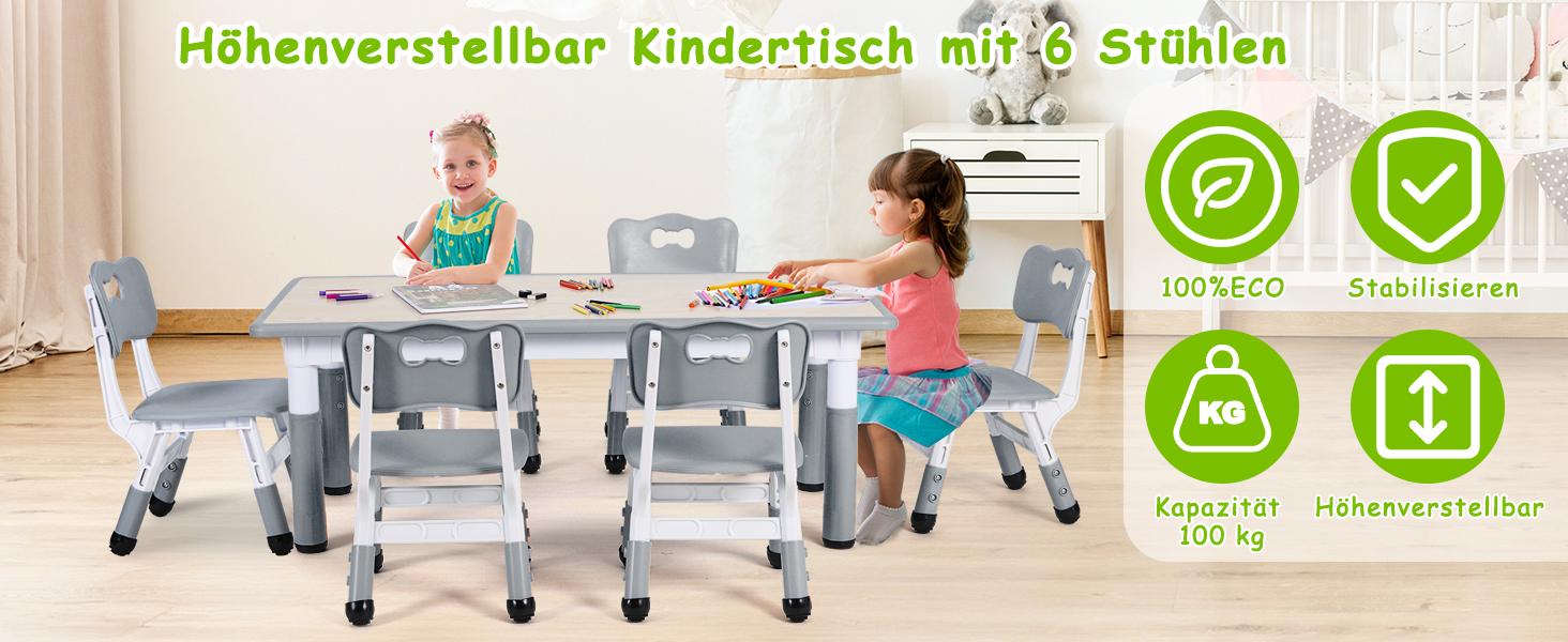 MAMIZO Kindertisch mit 6 Stühlen, Kindertischgruppe Höhenverstellbar