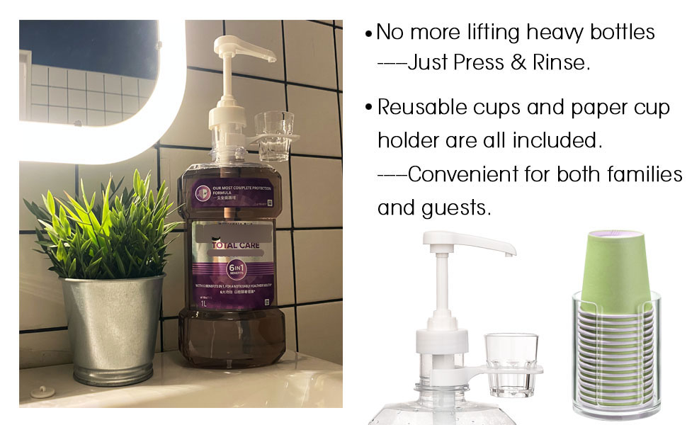 Dispenser Pumps for Listerine 1 or 1.5 Liter Mouthwash Bottles with Cup Holders