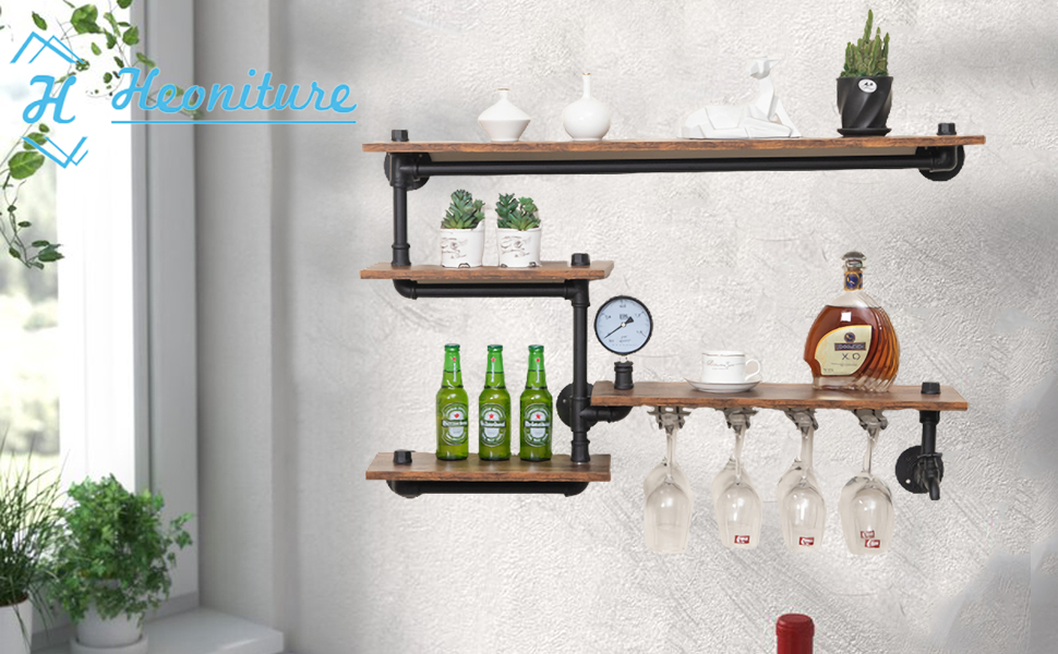 HEONITURE Industrial Pipe Shelves Wine Rack Wall Mounted