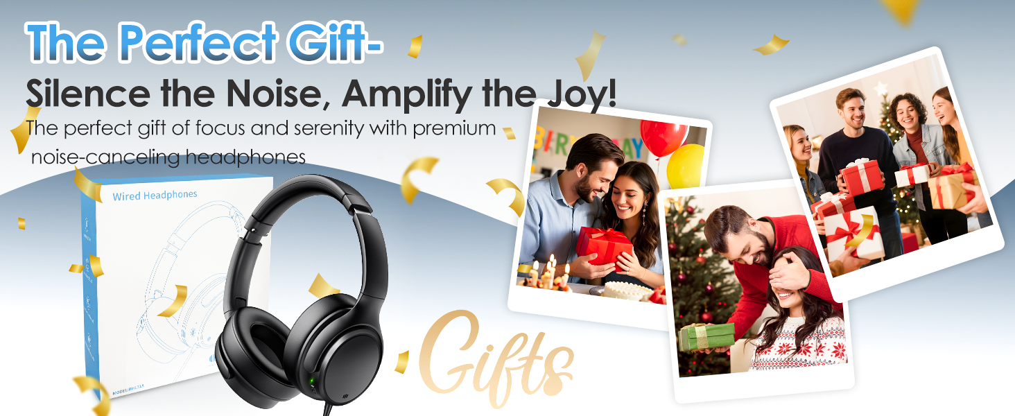 Promotional banner for headphones featuring product image with text about noise cancellation and gift-giving, decorated with festive elements.