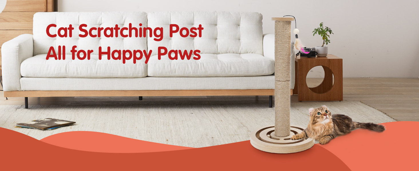 Katzenkratzbaum aus Sisalseil in der Nähe eines weißen Sofas, mit dem Text „Katzenkratzbaum Alles für glückliche Pfoten