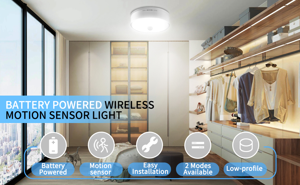 Youtob Battery Powered Motion Sensor Ceiling Light, Battery Operated