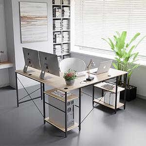 DELA DISCOUNT ceae5698-4e39-4035-94ce-5a12d416e5c1.__CR0,0,300,300_PT0_SX300_V1___ Bestier L Shaped Desk with Shelves 95.2 Inch Reversible Corner Computer Desk or 2 Person Long Table for Home Office Large Gaming Writing Storage Workstation P2 Board with 3 Cable Holes, Gray  