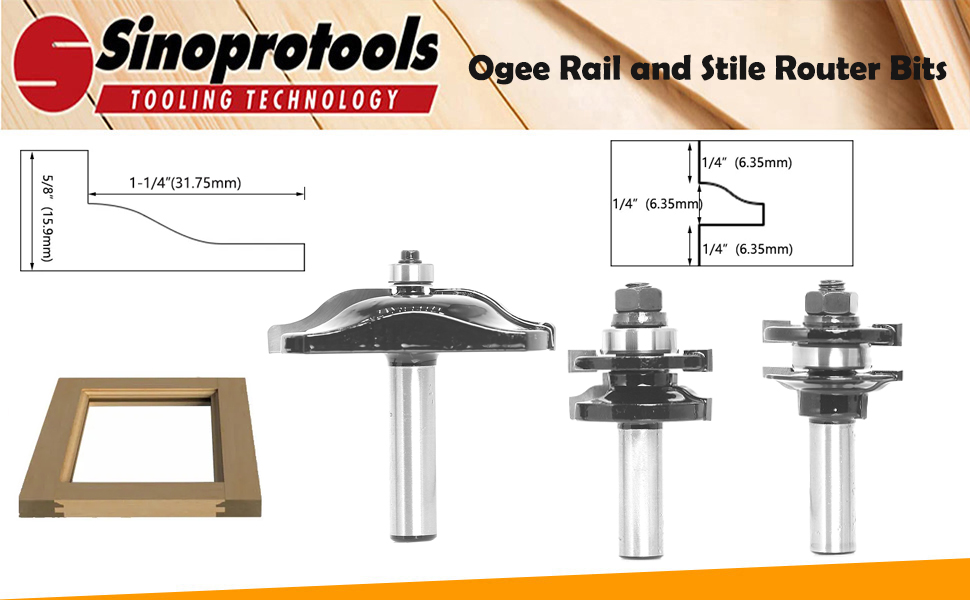 Sinoprotool 3PCS Router Bit Set 1/2 Inch Shank, Ogee Rail and Stile Router Bits, Raised Panel