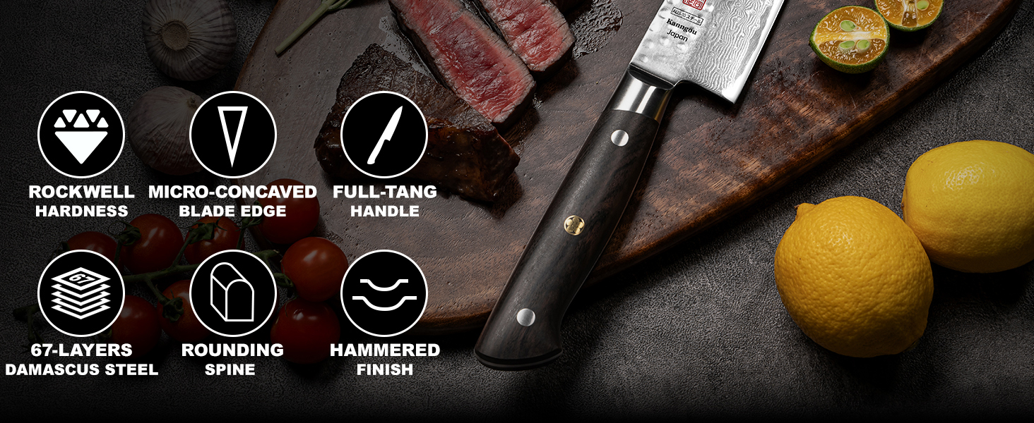 Kanngou 7inch Damascus Japanese Santoku knife Hammered Damascus Series