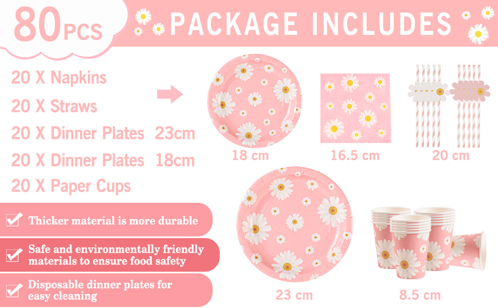 SUNBEAUTY Party Tableware Set, Little Daisy Party Tableware, Pastel