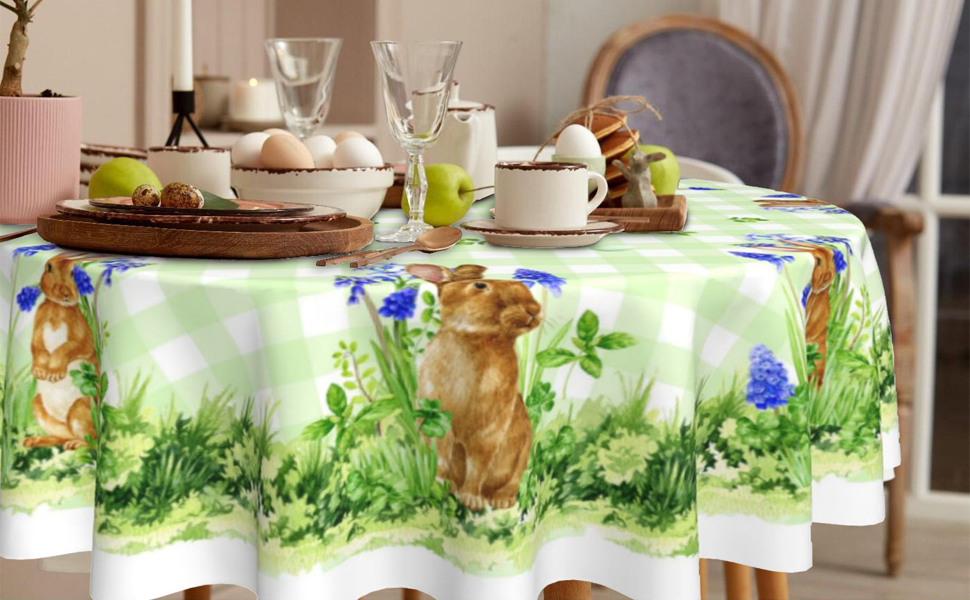 GUYUEHU Easter Kitchen Tablecloth Bunny Flower Spring Green Checkered Round