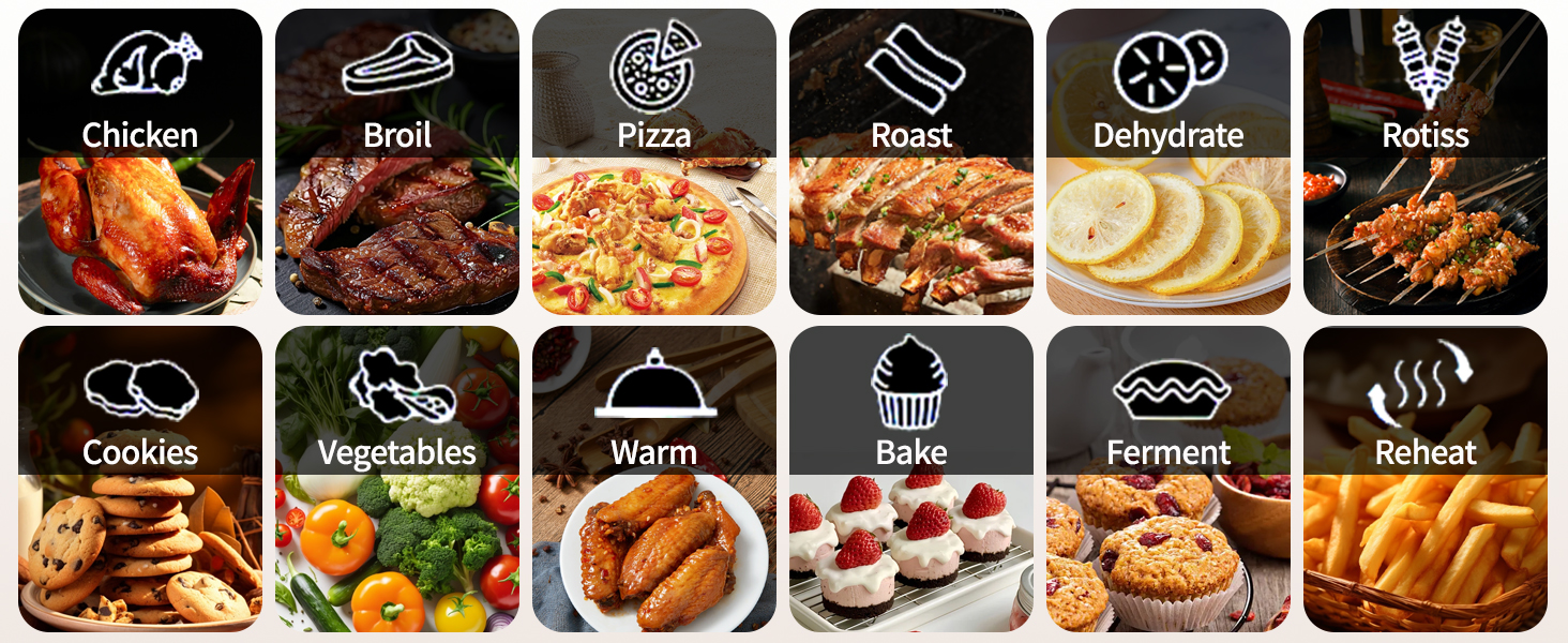 Grid of 12 food icons representing different cooking functions: chicken, broil, pizza, roast, dehydrate, rotisserie, cookies, vegetables, warm, bake, ferment, and reheat.