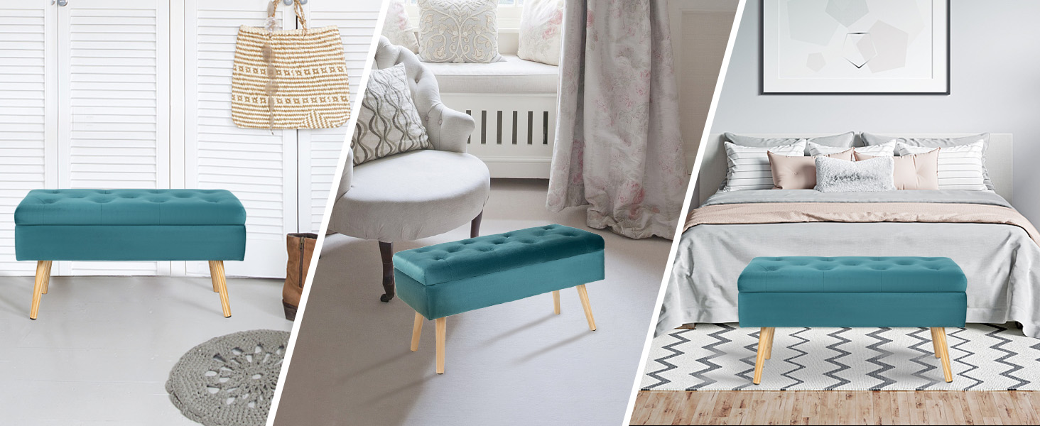 Teal upholstered ottoman bench with wooden legs shown in three different room settings - living room, bedroom, and entryway.