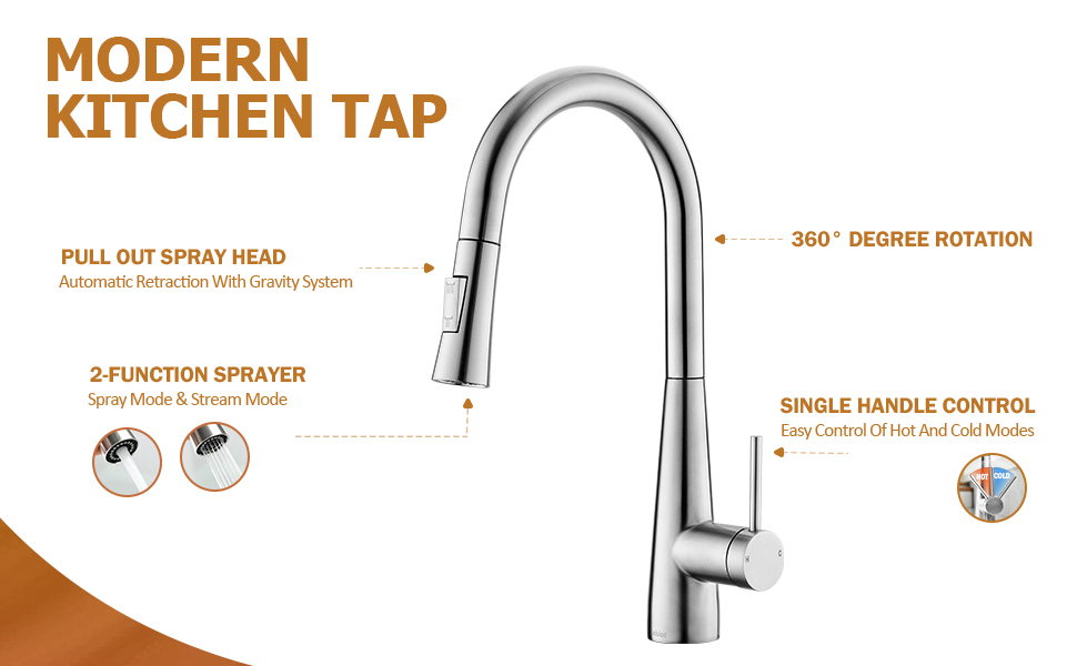 Tohlar Low Pressure Kitchen Tap with PullOut Shower, Low Pressure Tap