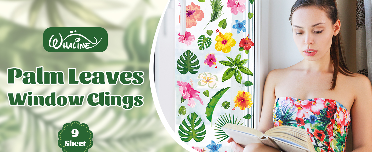 Whaline 9 Sheets Palm Leaves Window Clings Tropical Hibiscus... 3 9 Sheets Palm Leaves Window Clings