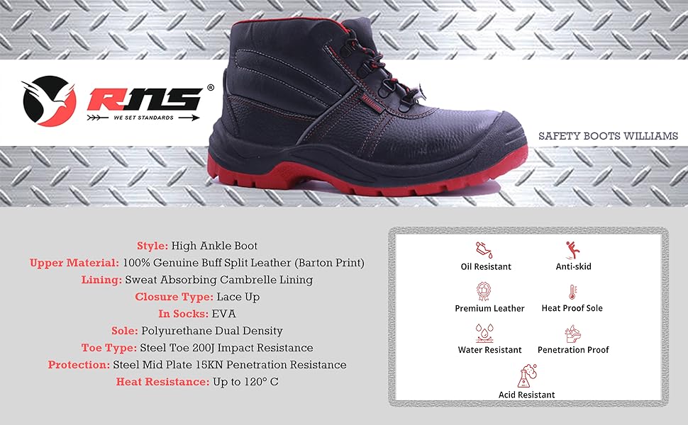 RNS Williams Mens Safety Steel Toe Cap Mid Sole Plate Genuine Leather High Ankle Safety Boots 3 Main Header Williams