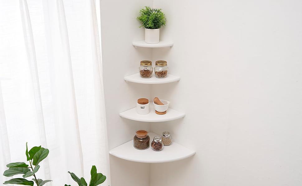 Corner Shelf, White Solid Oak Wood Floating Corner Shelf
